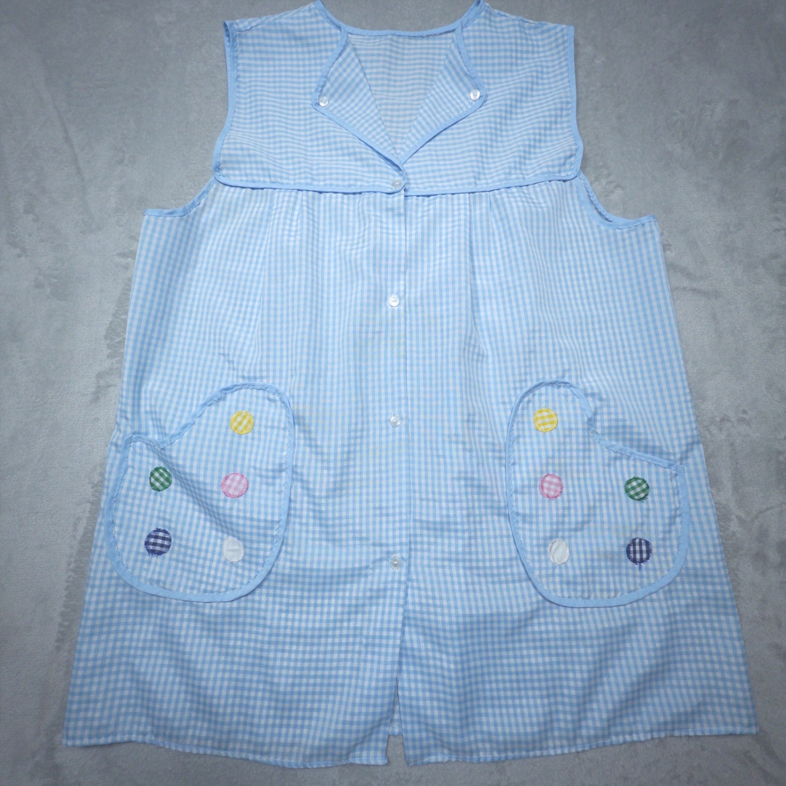 Vintage 1960s Blue Gingham Cotton Smock Top Polka Dot Pockets Xl House Dress